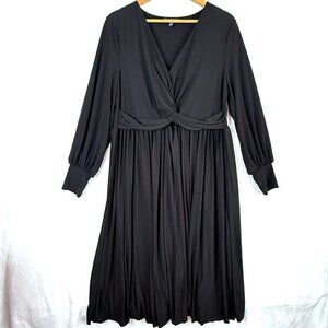 Eloquii Twist Knot Front Pleated V Neck Long Bishop Sleeves Midi Dress 16 Black